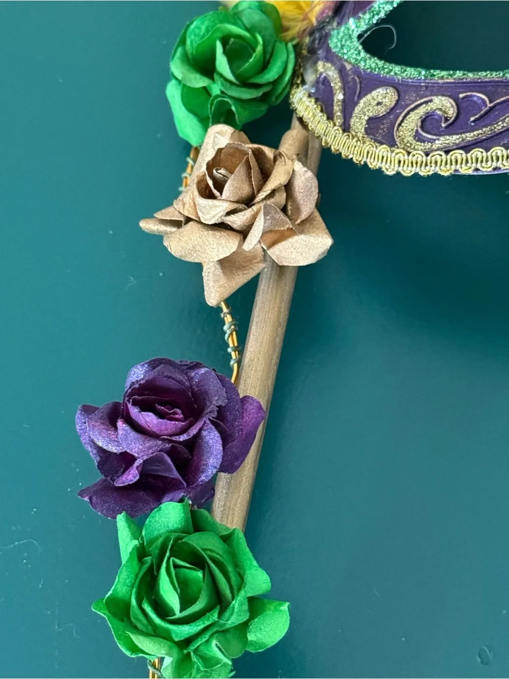 Venetian Side Feather Masquerade Mask with Stick - Gold Green Purple